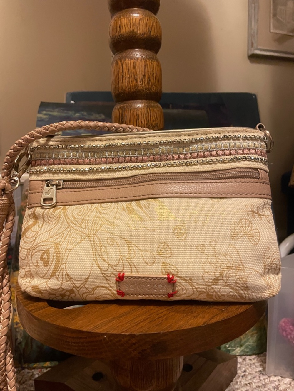 Sakroots Beige Floral Crossbody Clutch with Braided Strap